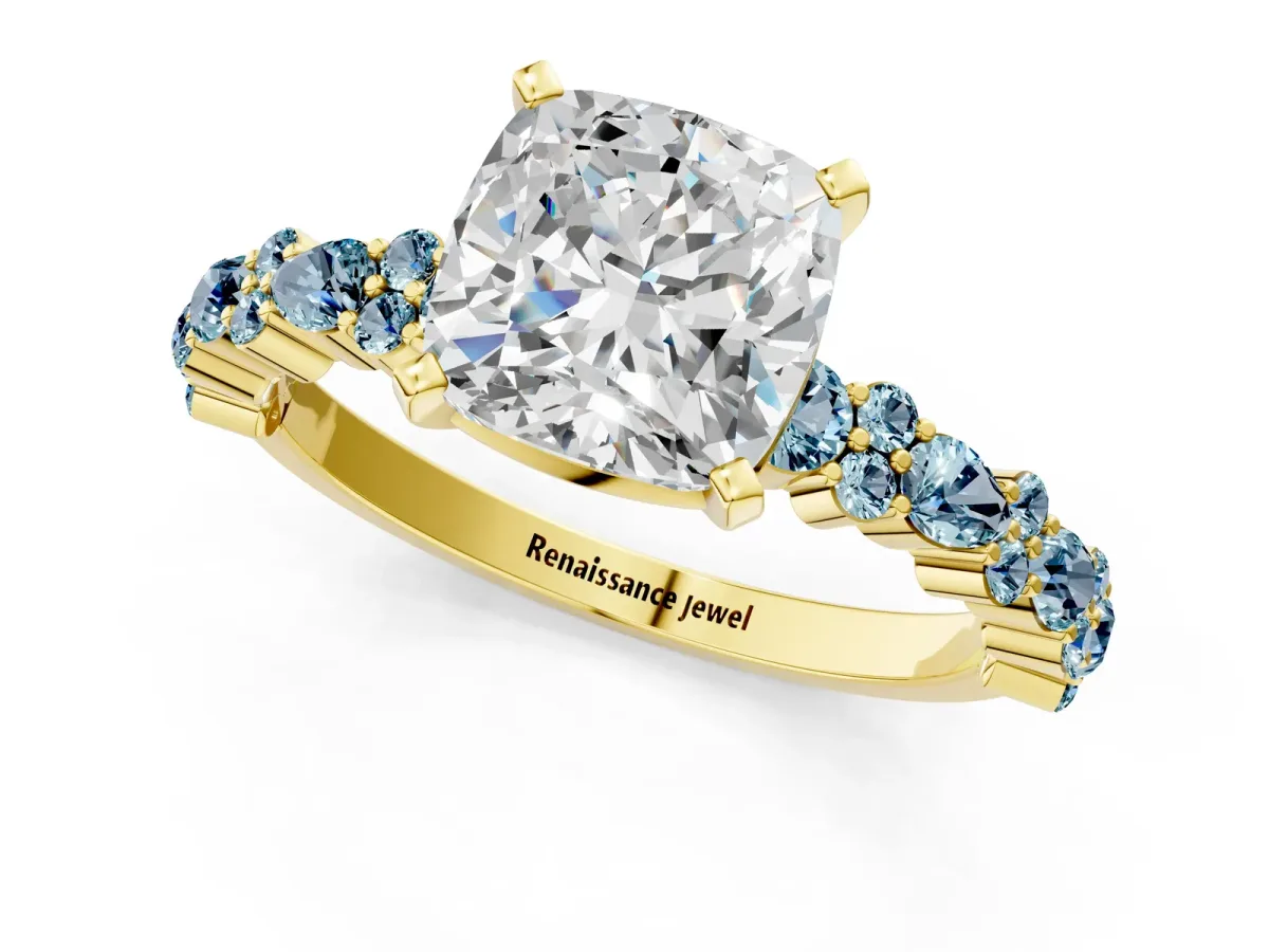 Cushion Cut Diamond Side Stone Solitaire Ring with Round Aquamarine and Four-Prong Setting Yellow gold