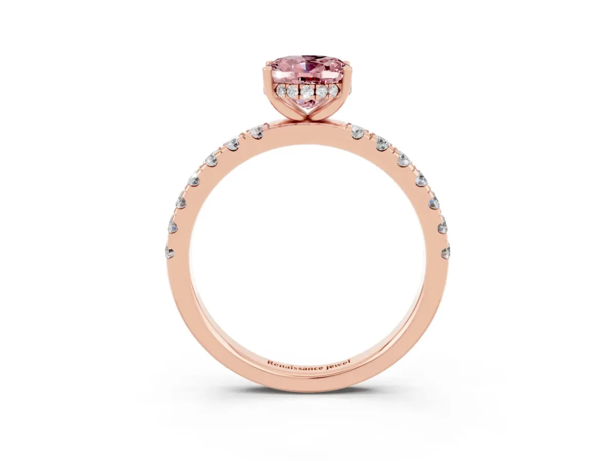 Oval Cut Morganite Pave Band Solitaire Ring with Round and Prong Setting Rose gold