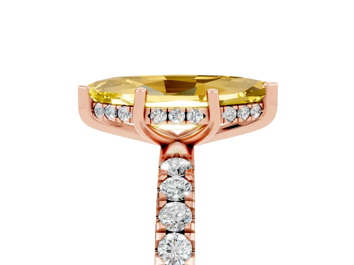 Marquise Cut Yellow Sapphire Pave Band Solitaire Ring with Round and Prong Setting Rose gold