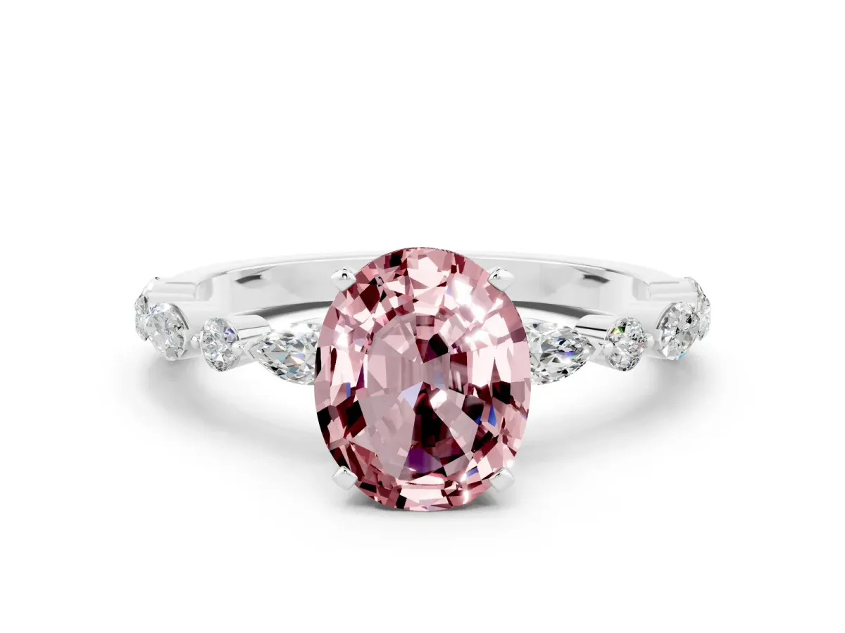 Oval Cut Morganite Ring with Marquise and Round Side Stones and Four-Prong Setting Silver