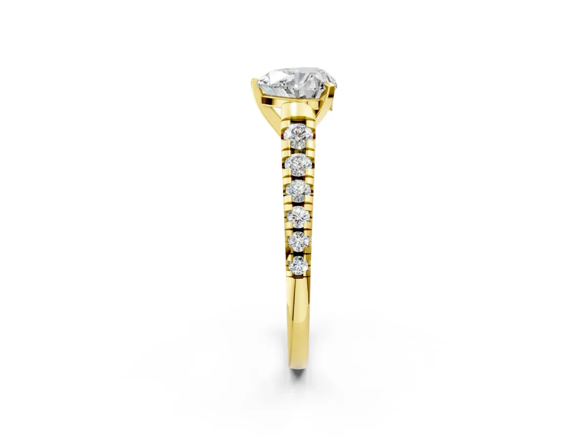 Heart Cut Diamond Cathedral Solitaire Ring with Round Pavé Band Yellow gold