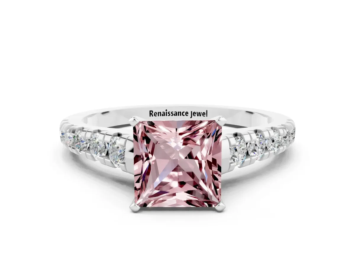 Princess Cut Morganite Cathedral Solitaire Ring with Round Pavé Band White gold