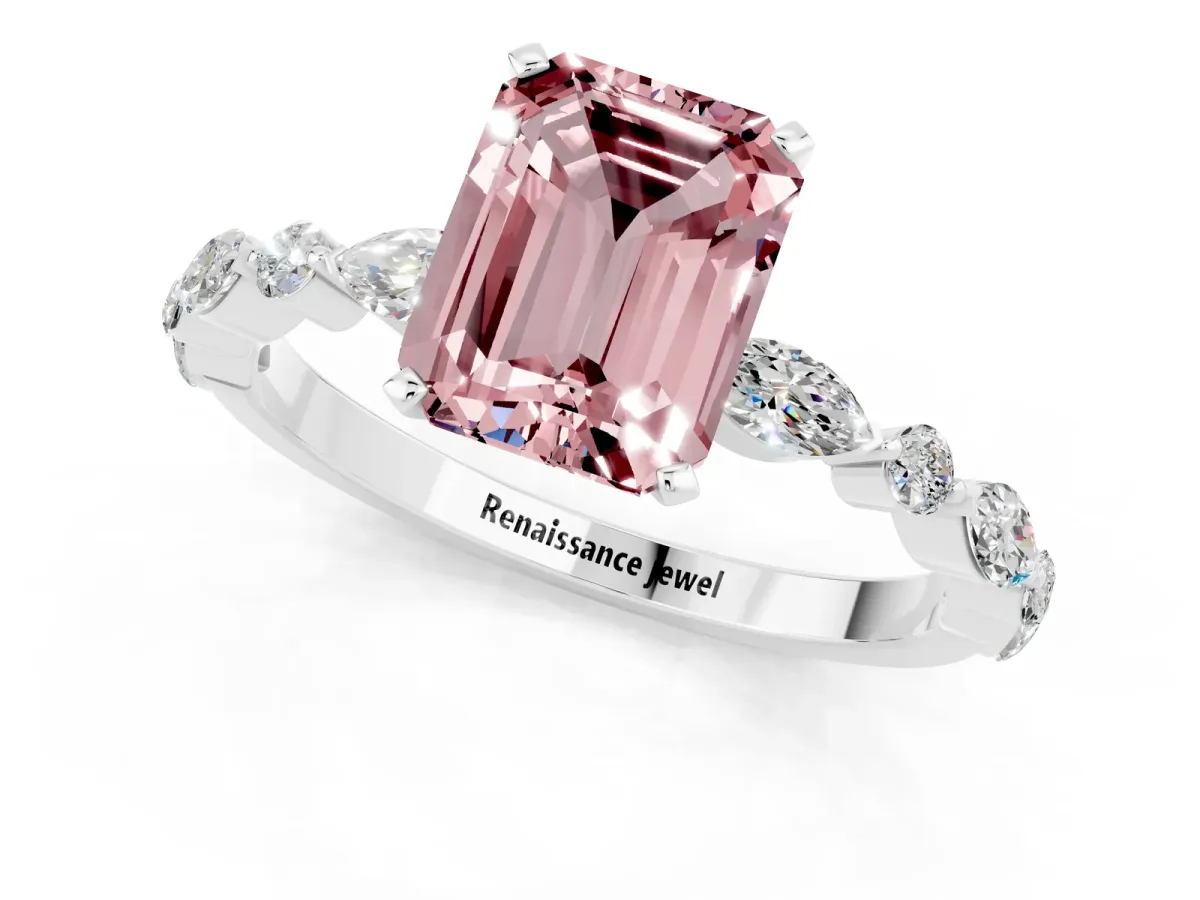 Emerald Cut Morganite Ring with Marquise and Round Side Stones and Four-Prong Setting Platinum