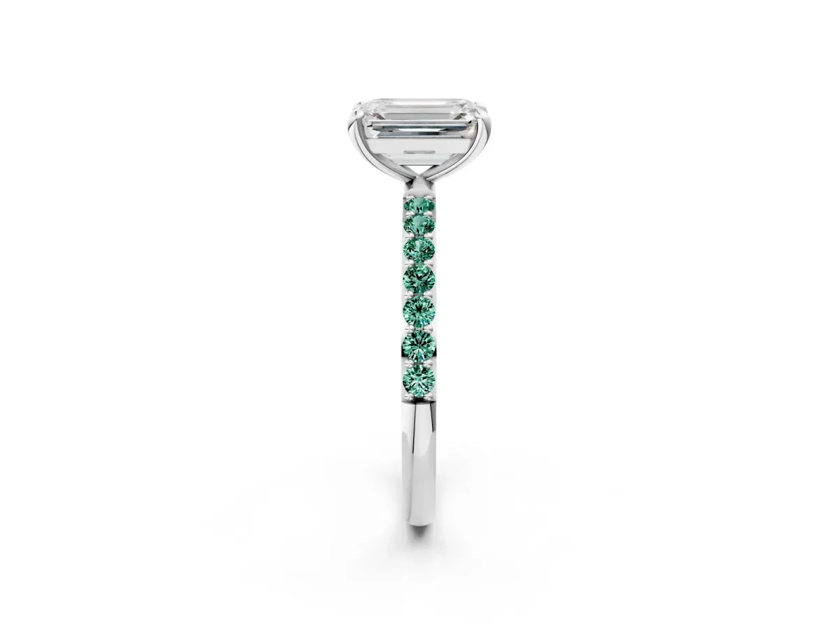 Emerald Cut Diamond Solitaire Ring with Round Green Sapphire Pavé Band and Prong Setting Silver