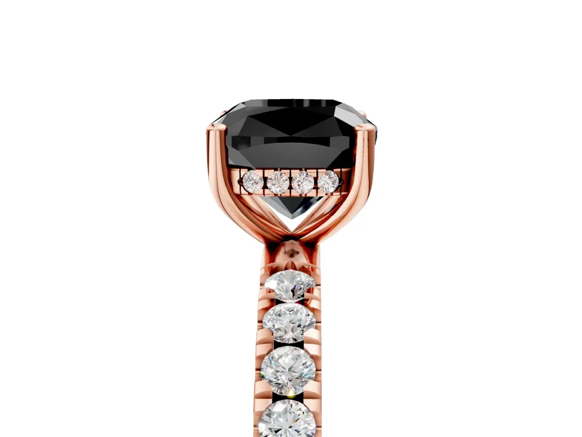 Fancy Black Cushion Cut Diamond Pave Band Solitaire Ring with Round and Prong Setting Rose gold
