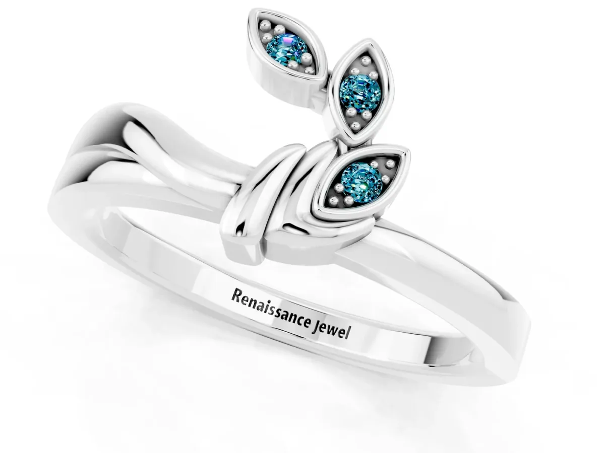 Three-Stone Round Blue Topaz Leaf Bypass Ring with Bezel Setting White gold