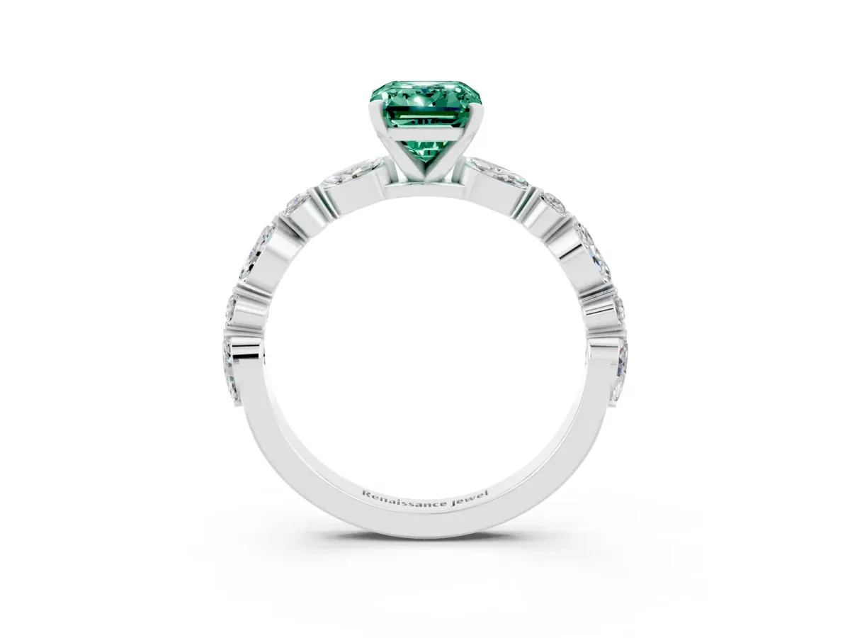 Emerald Cut Green Sapphire Ring with Marquise and Round Side Stones and Four-Prong Setting Platinum