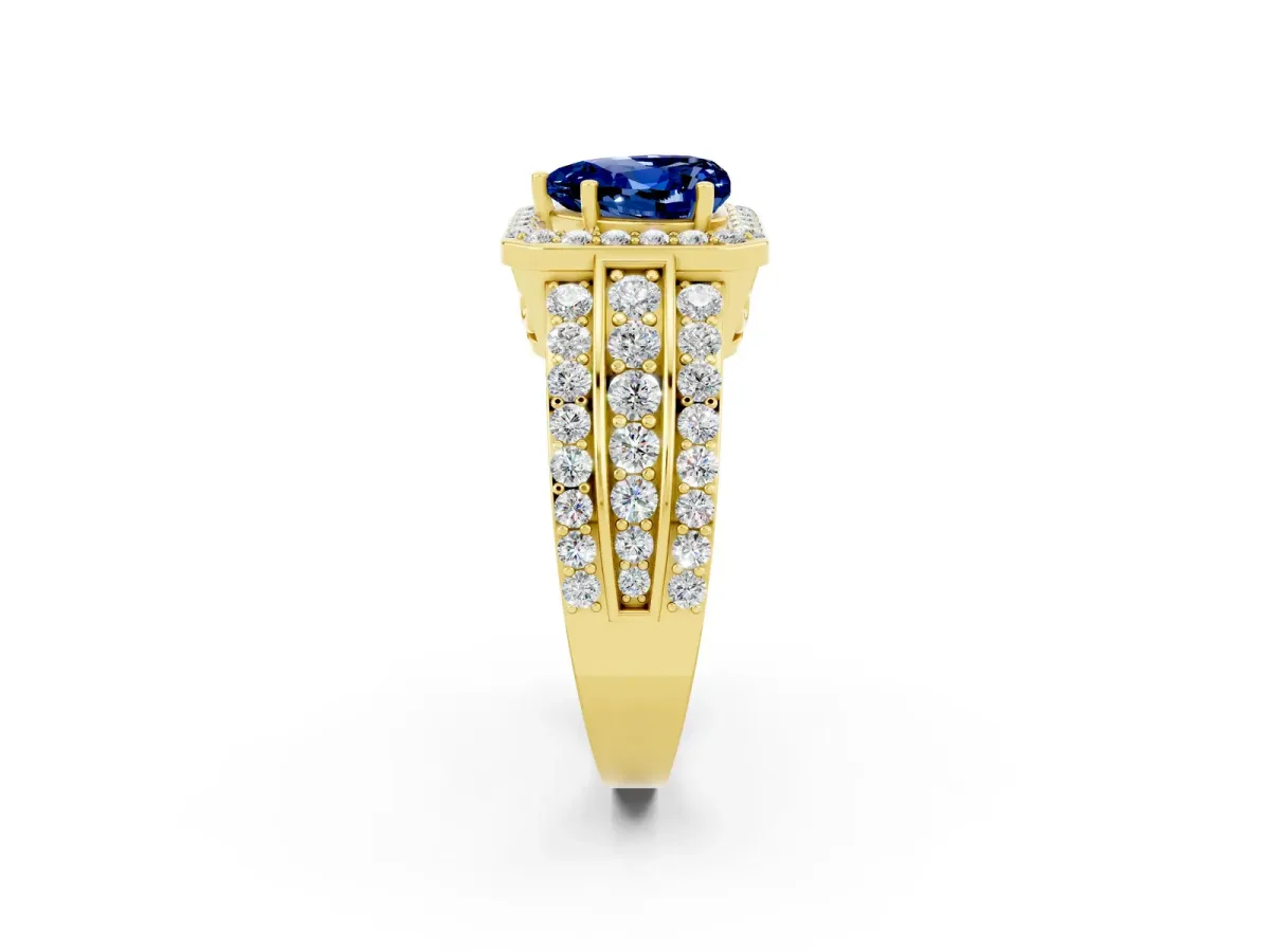 Heart Cut Halo Blue Sapphire Ring with Round Split Shank and Prong Setting Yellow gold