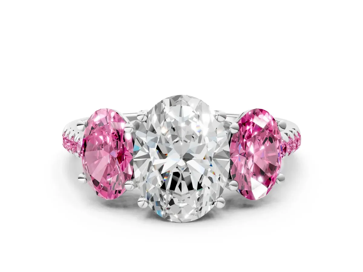 Three-Stone Oval Cut Diamond Ring with Round Pink Sapphire Pavé Band and Prong Setting Platinum