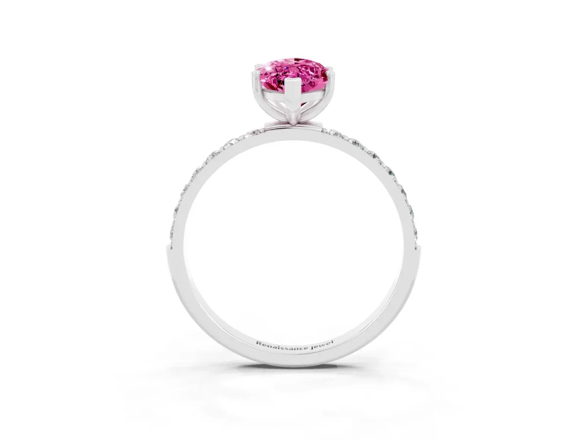 Marquise Cut Pink Sapphire Solitaire Ring with Round Pavé Band and Prong Setting Platinum