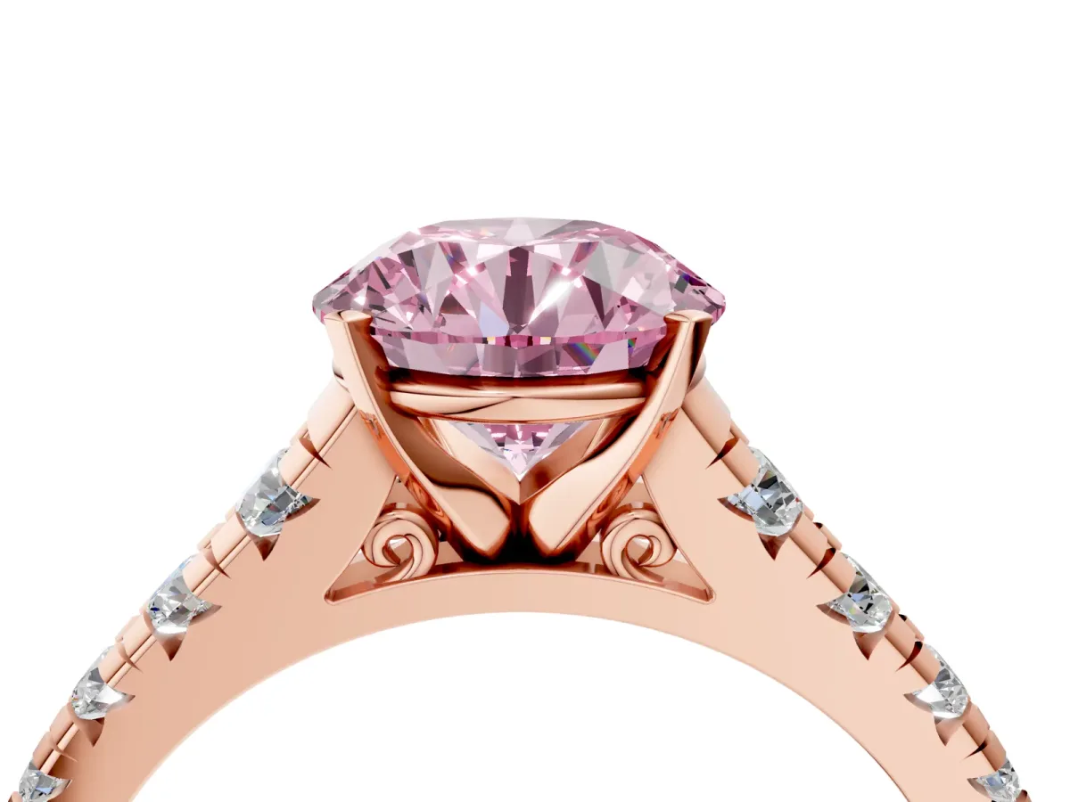 Fancy Pink Round Cut Diamond Cathedral Solitaire Ring with Round Pavé Band Rose gold