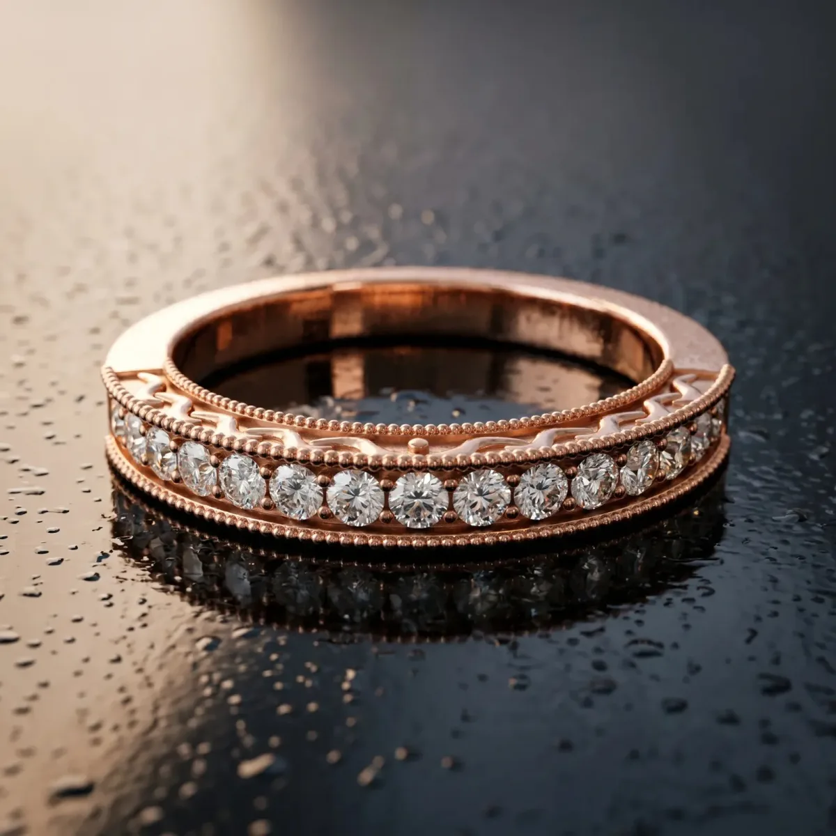 Channel Set Round Diamond Milgrain Edge Eternity Band Rose gold