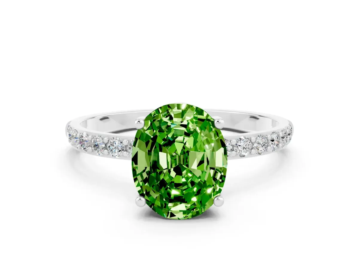 Oval Cut Peridot Solitaire Ring with Round Pavé Band and Prong Setting Silver