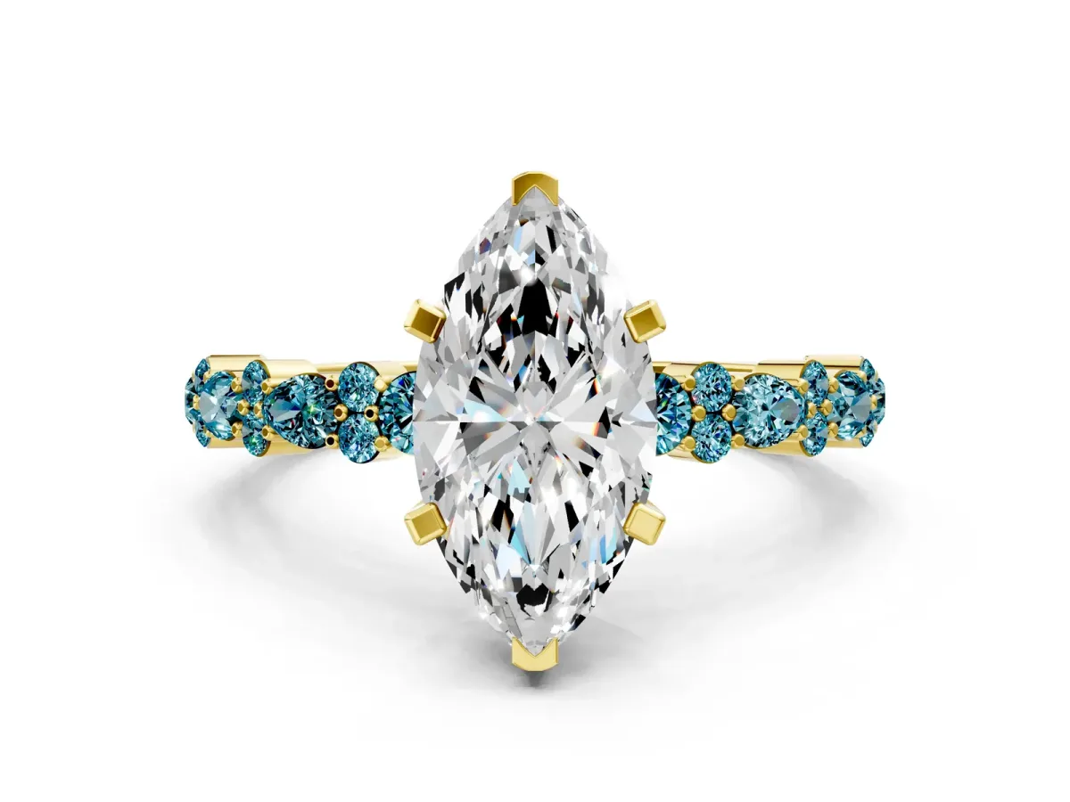 Marquise Cut Diamond Side Stone Solitaire Ring with Round Blue Topaz and Four-Prong Setting Yellow gold