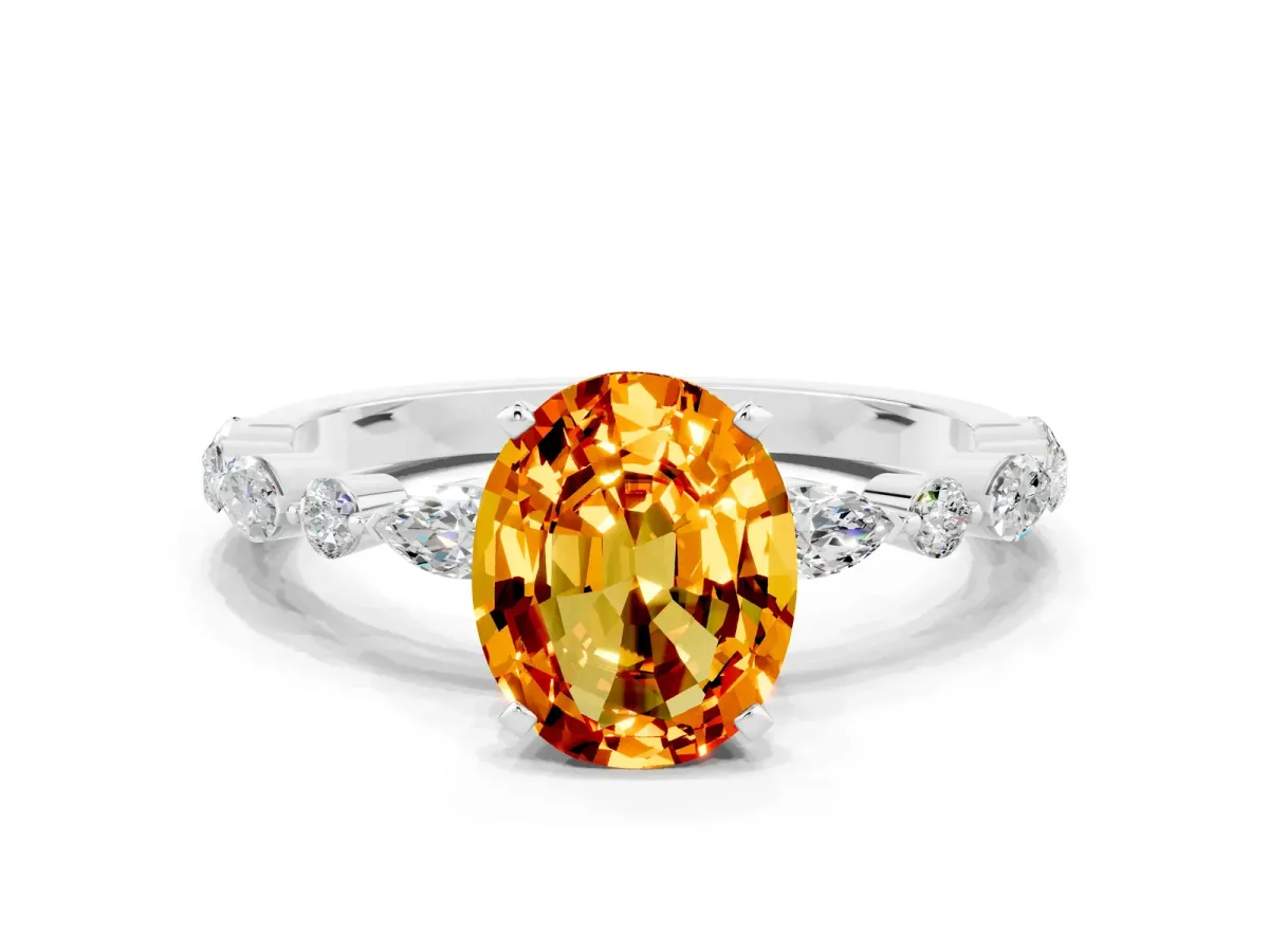 Oval Cut Citrine Ring with Marquise and Round Side Stones and Four-Prong Setting Silver