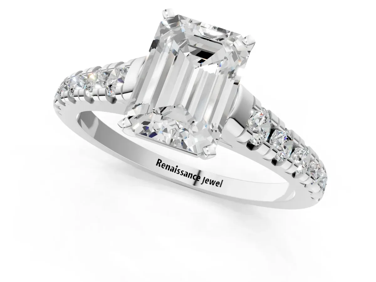 Emerald Cut Diamond Cathedral Solitaire Ring with Round Pavé Band Silver