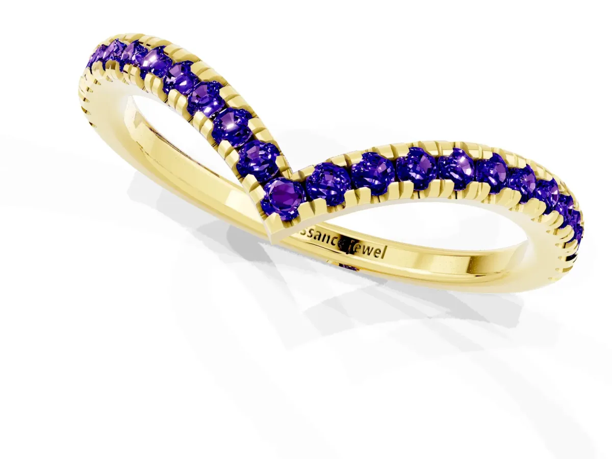 Pavé Round Tanzanite V-Shaped Chevron Band with Shared Prong Setting Yellow gold