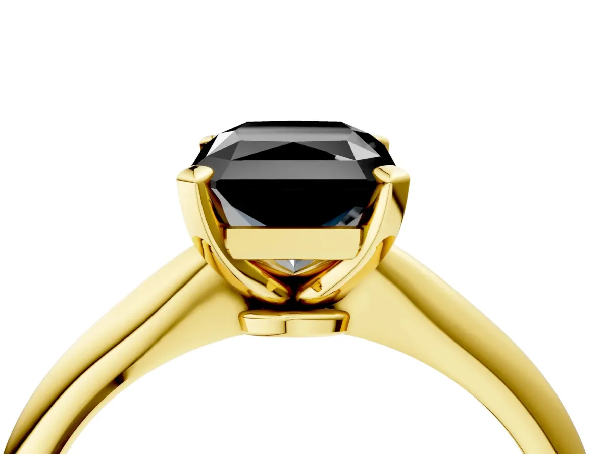 Fancy Black Radiant Cut Diamond Solitaire Engagement Ring with Classic Band and Four-Prong Setting Yellow gold