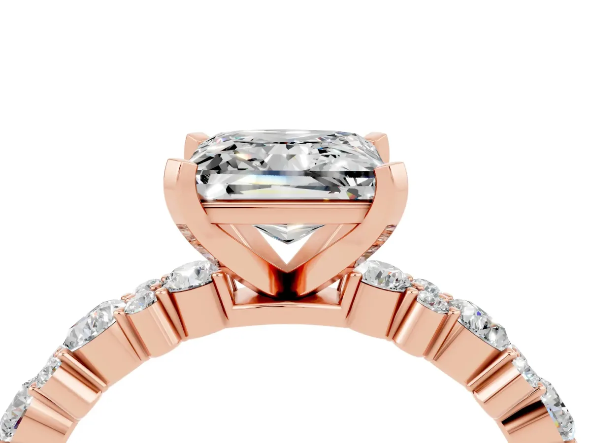 Princess Cut Moissanite Side Stone Solitaire Ring with Round and Four-Prong Setting Rose gold