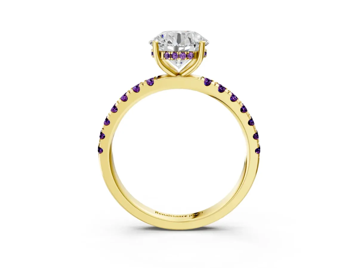 Round Cut Diamond Pave Band Solitaire Ring with Round Amethyst and Prong Setting Yellow gold