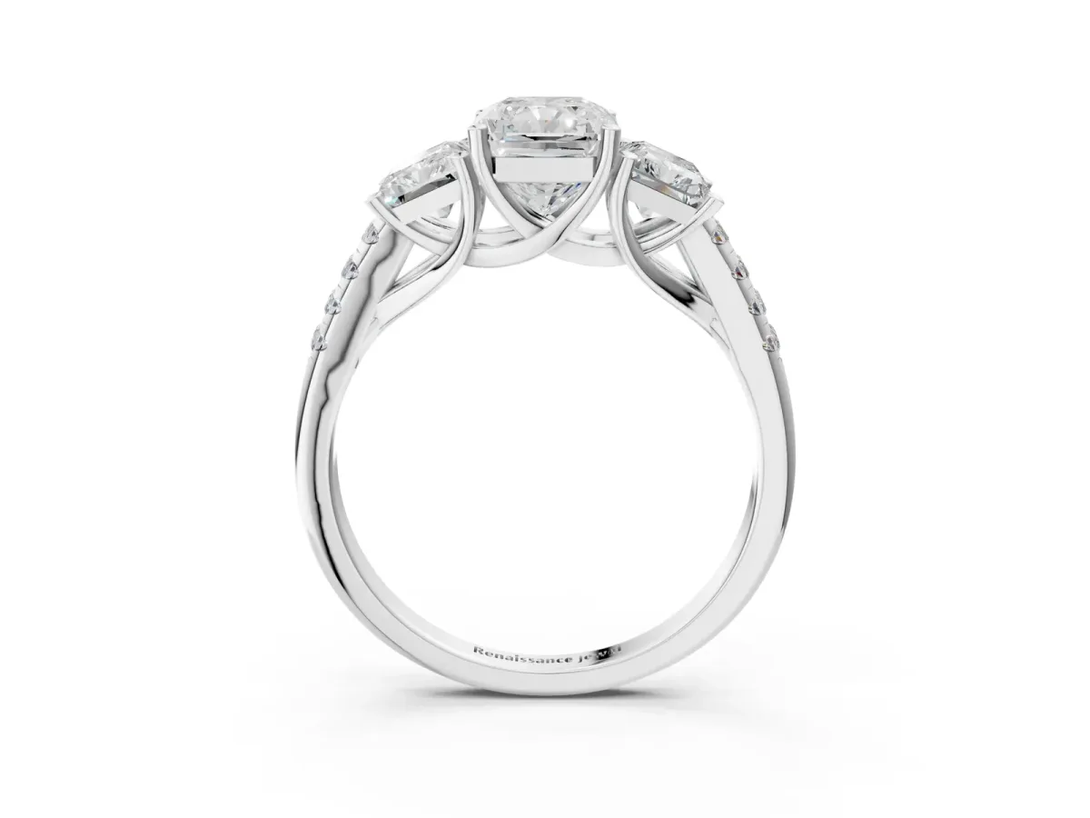 Three-Stone Radiant Cut Diamond Ring with Round Moissanite Pavé Band and Prong Setting Silver