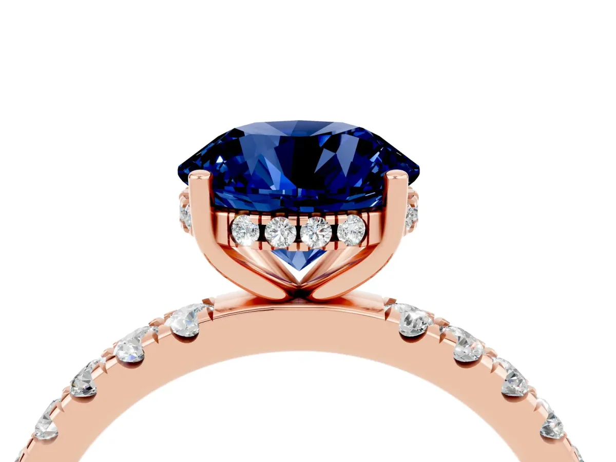 Round Cut Blue Sapphire Pave Band Solitaire Ring with Round and Prong Setting Rose gold