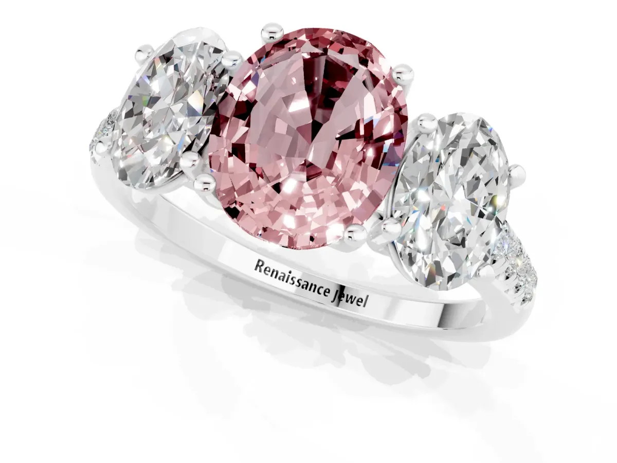 Three-Stone Oval Cut Morganite Ring with Round Pavé Band and Prong Setting Platinum