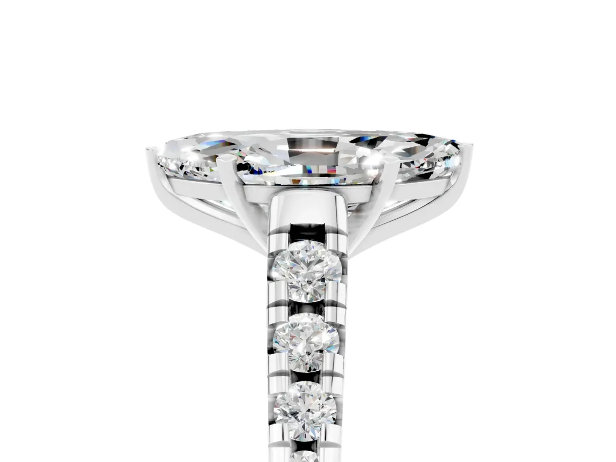 Marquise Cut Moissanite Cathedral Solitaire Ring with Round Pavé Band Platinum