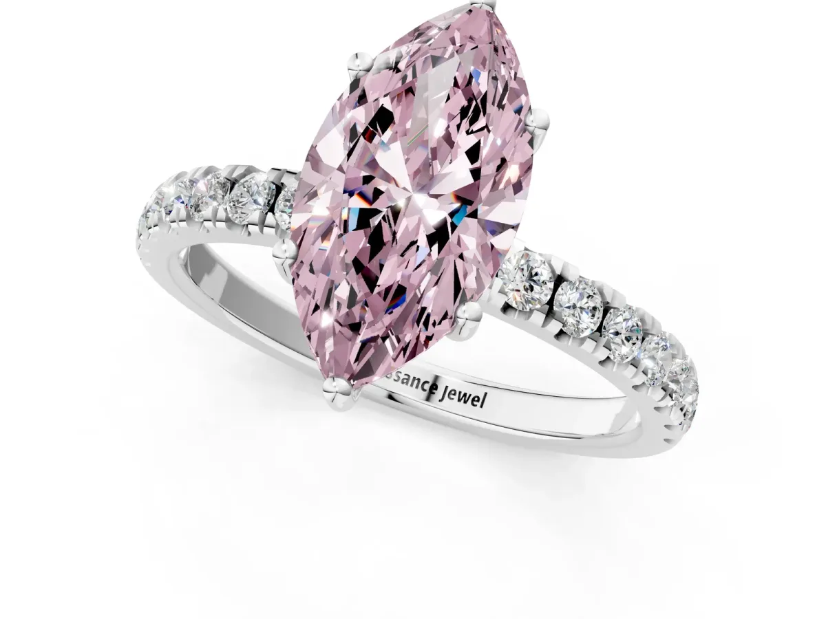 Fancy Pink Marquise Cut Diamond Pave Band Solitaire Ring with Round and Prong Setting Silver