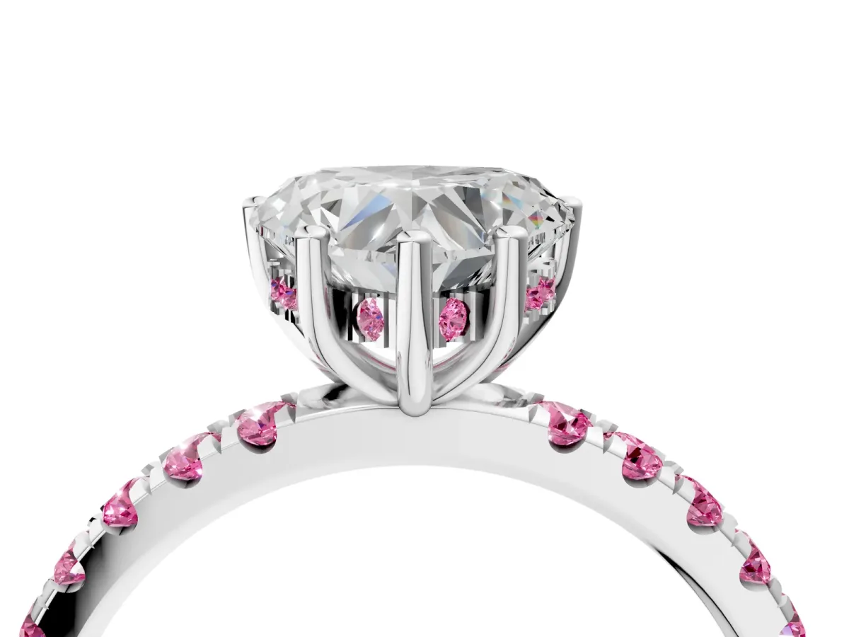 Heart Cut Diamond Pave Band Solitaire Ring with Round Pink Sapphire and Prong Setting Platinum