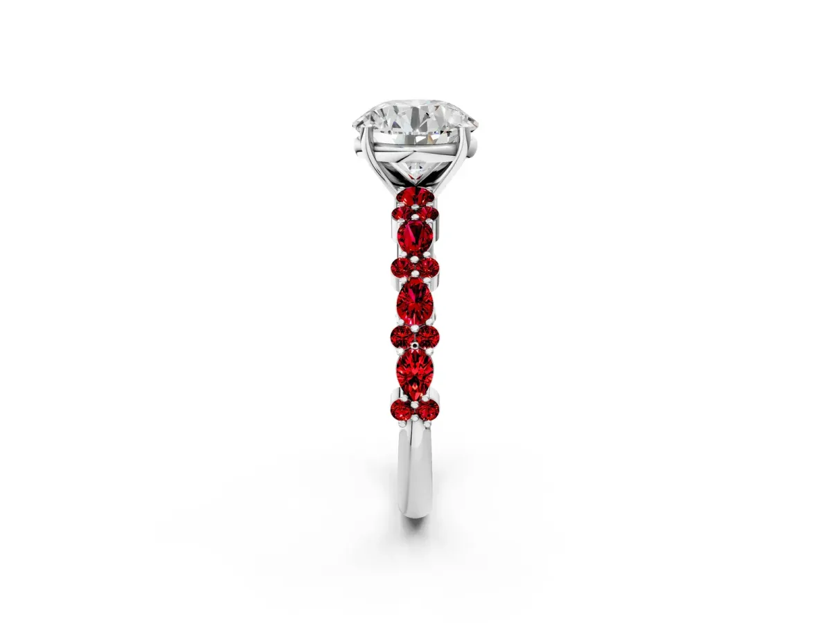 Round Cut Diamond Side Stone Solitaire Ring with Round Ruby and Four-Prong Setting Platinum