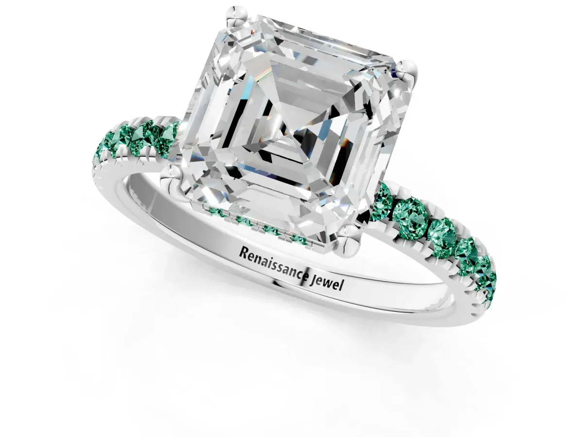 Asscher Cut Diamond Pave Band Solitaire Ring with Round Green Sapphire and Prong Setting Platinum