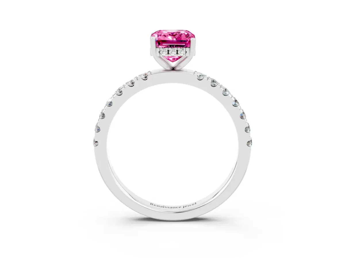 Emerald Cut Pink Sapphire Pave Band Solitaire Ring with Round and Prong Setting Silver