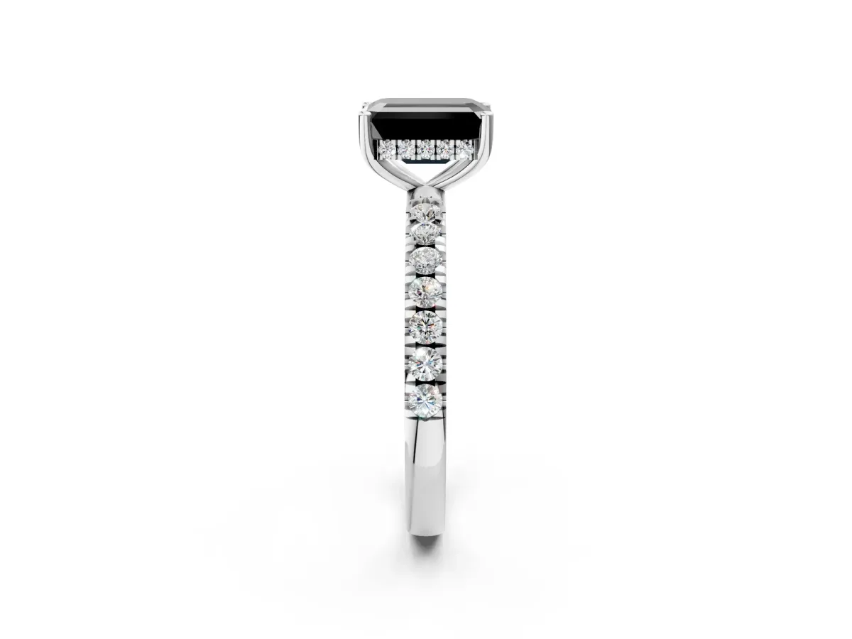 Fancy Black Emerald Cut Diamond Pave Band Solitaire Ring with Round and Prong Setting White gold
