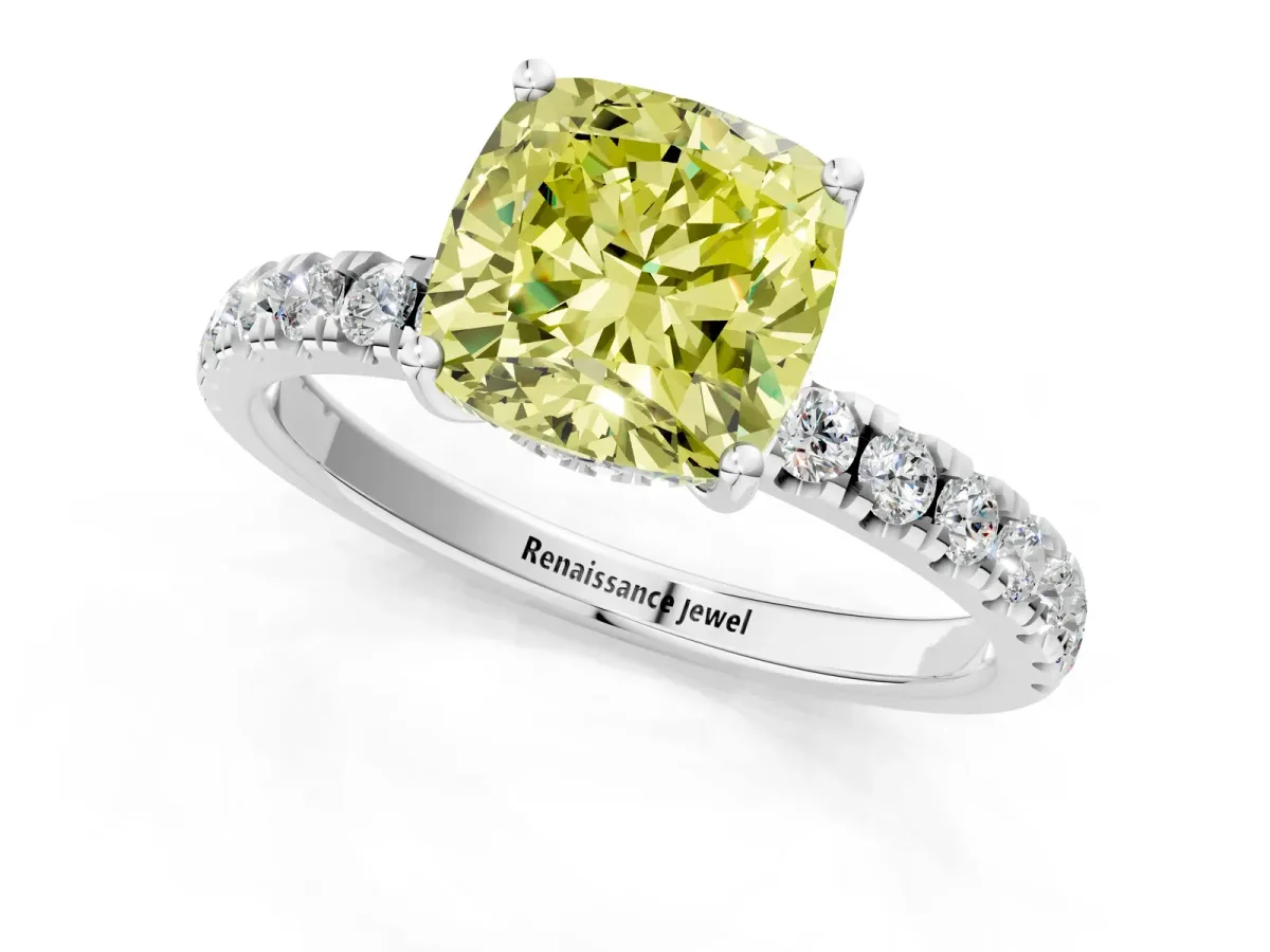 Fancy Yellow Cushion Cut Diamond Pave Band Solitaire Ring with Round and Prong Setting Platinum