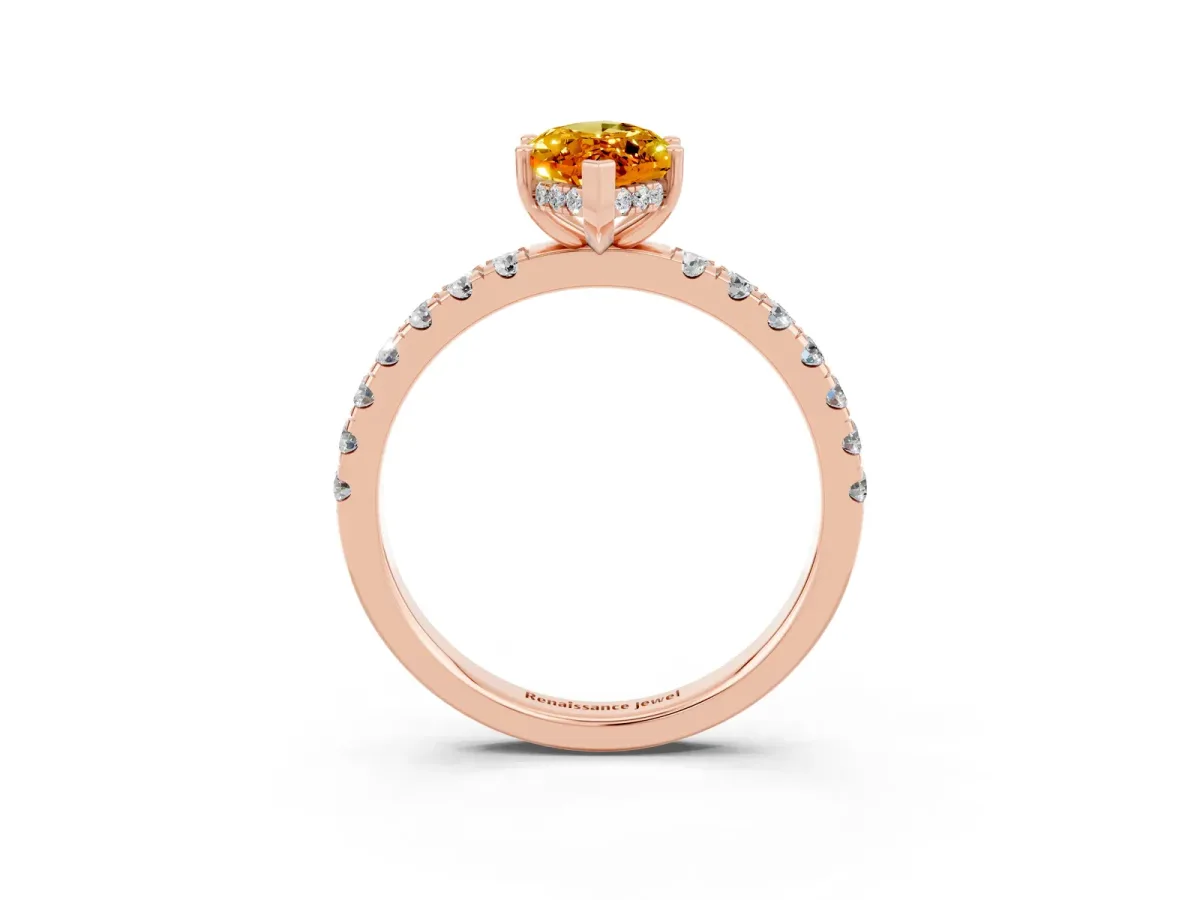 Marquise Cut Citrine Pave Band Solitaire Ring with Round and Prong Setting Rose gold