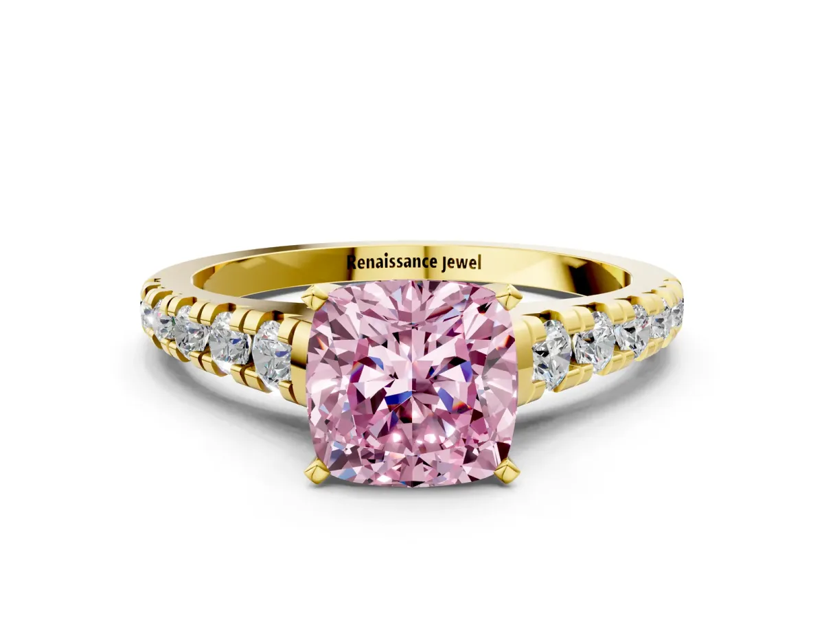 Fancy Pink Cushion Cut Diamond Cathedral Solitaire Ring with Round Pavé Band Yellow gold