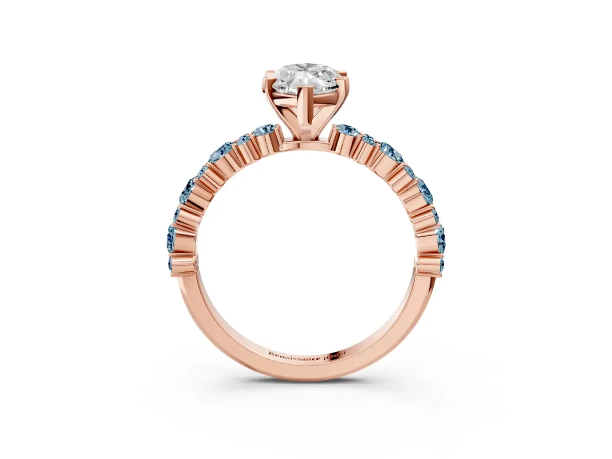 Marquise Cut Diamond Side Stone Solitaire Ring with Round Aquamarine and Four-Prong Setting Rose gold