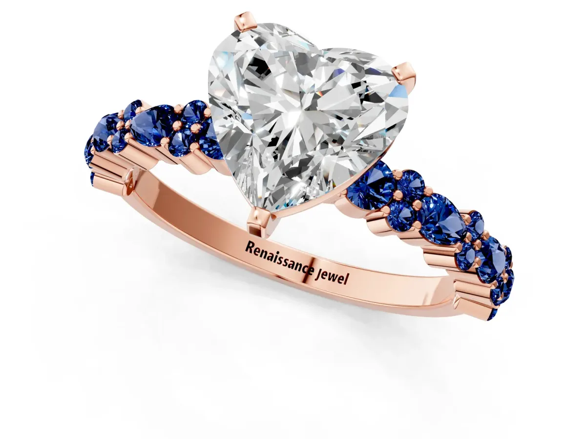 Heart Cut Diamond Side Stone Solitaire Ring with Round Blue Sapphire and Four-Prong Setting Rose gold