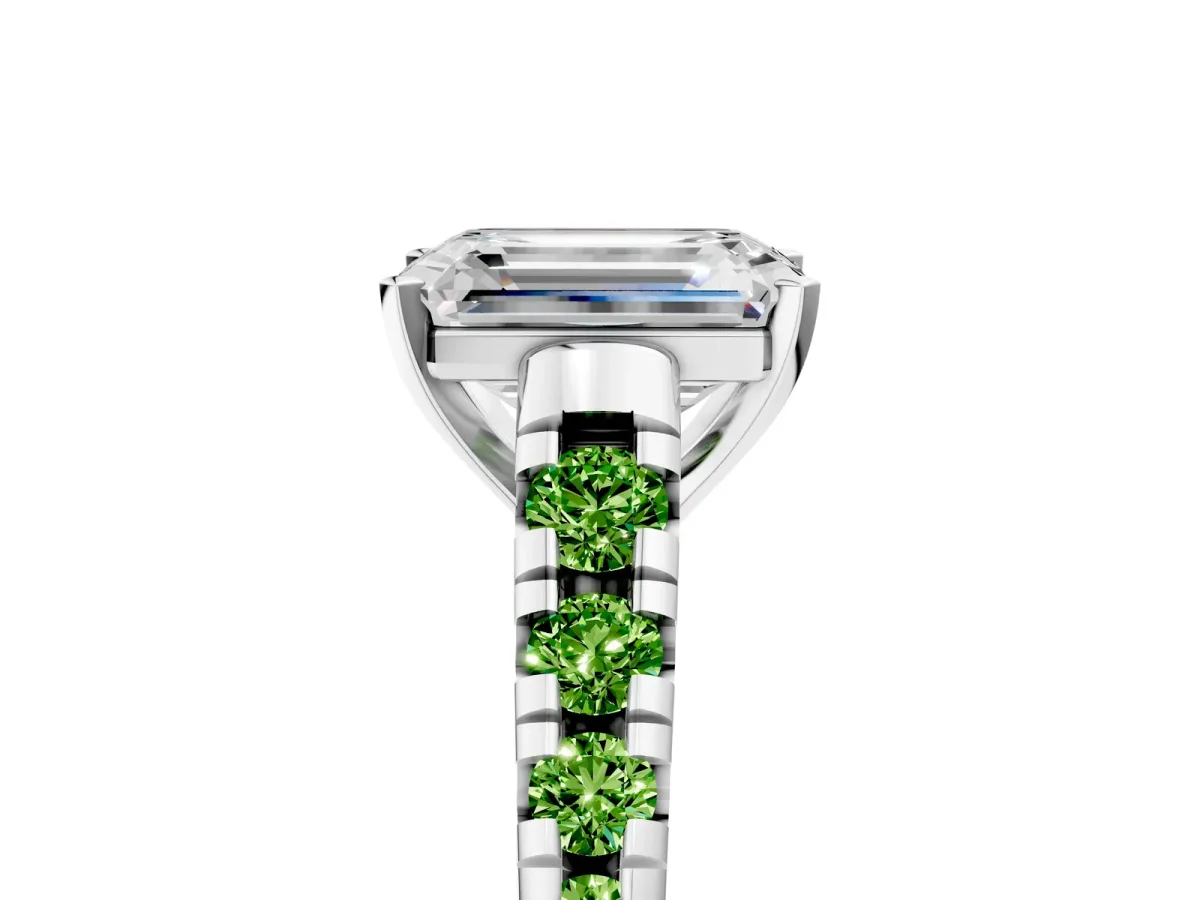 Emerald Cut Diamond Cathedral Solitaire Ring with Round Peridot Pavé Band Silver
