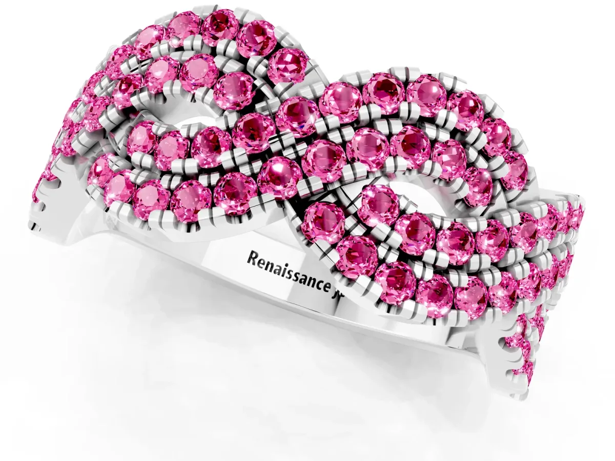 Pavé Round Pink Sapphire Infinity Twist Band with Shared Prong Setting White gold