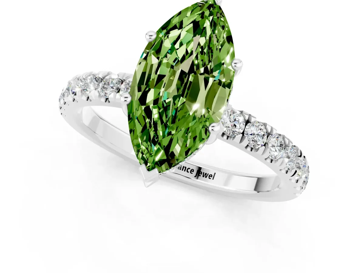 Marquise Cut Peridot Pave Band Solitaire Ring with Round and Prong Setting White gold