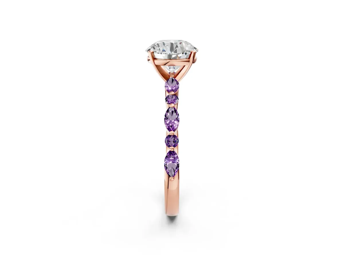 Round Cut Diamond Ring with Marquise and Round Amethyst Side Stones and Four-Prong Setting Rose gold