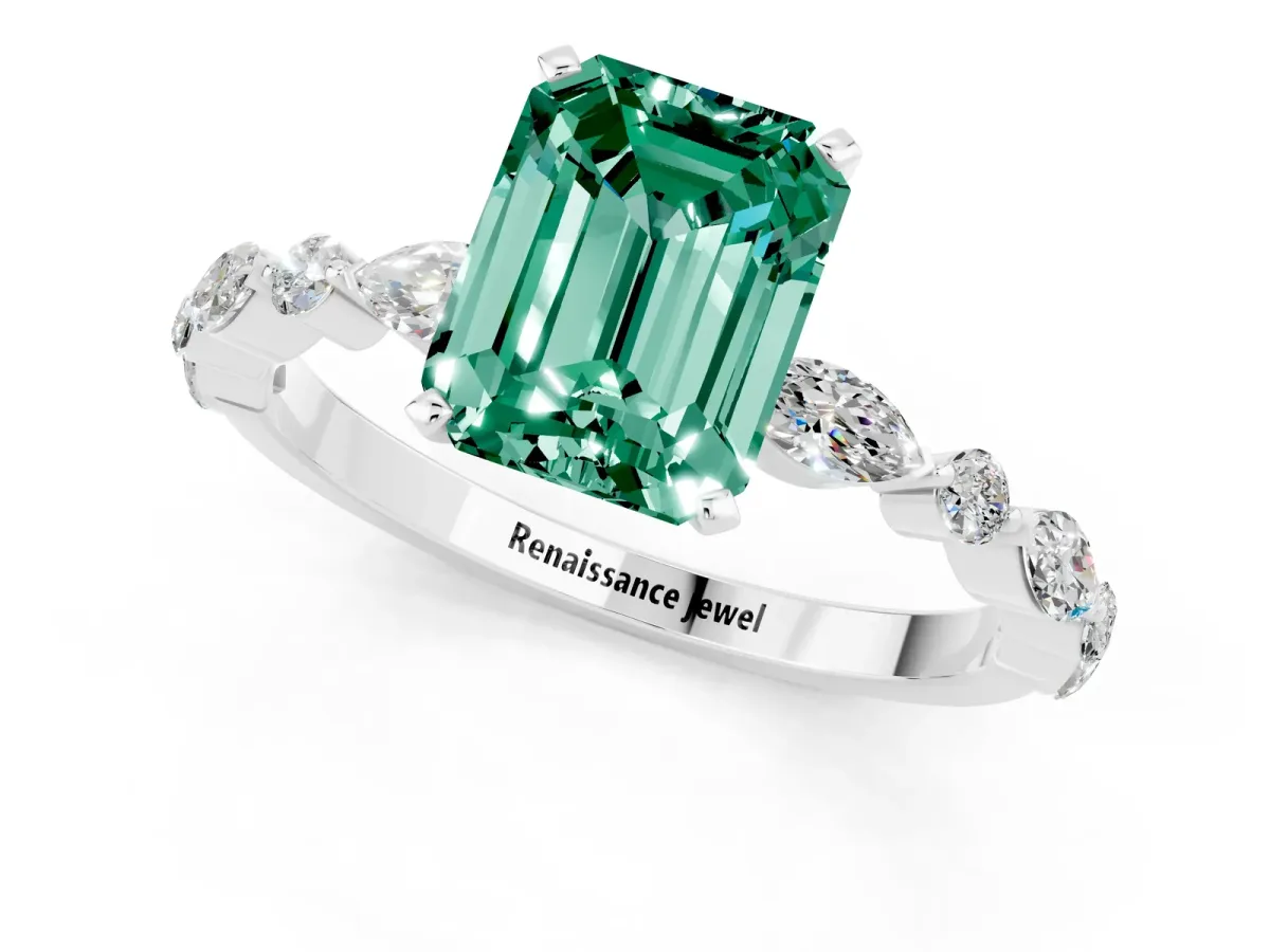 Emerald Cut Green Sapphire Ring with Marquise and Round Side Stones and Four-Prong Setting Platinum