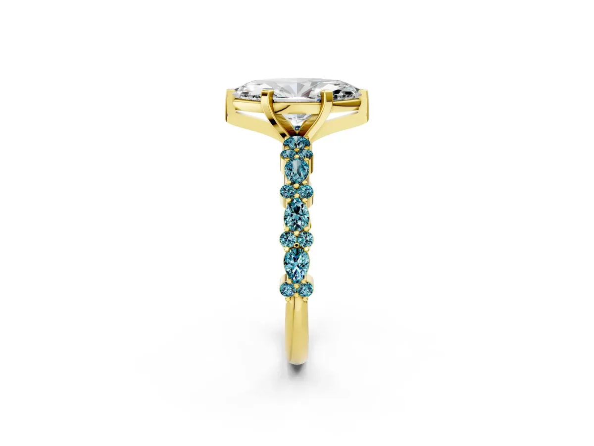 Marquise Cut Diamond Side Stone Solitaire Ring with Round Blue Topaz and Four-Prong Setting Yellow gold