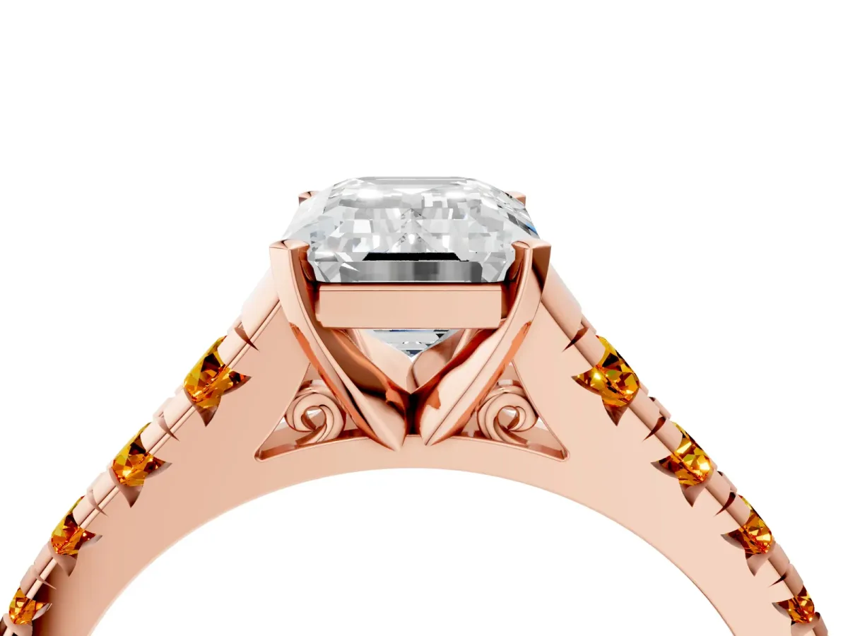 Emerald Cut Diamond Cathedral Solitaire Ring with Round Citrine Pavé Band Rose gold