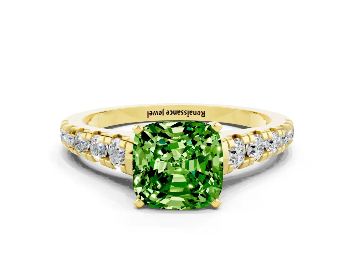 Cushion Cut Peridot Cathedral Solitaire Ring with Round Pavé Band Yellow gold