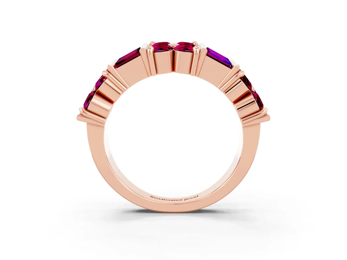 Channel Set Round and Baguette Garnet Anniversary Band with Prong Setting Rose gold