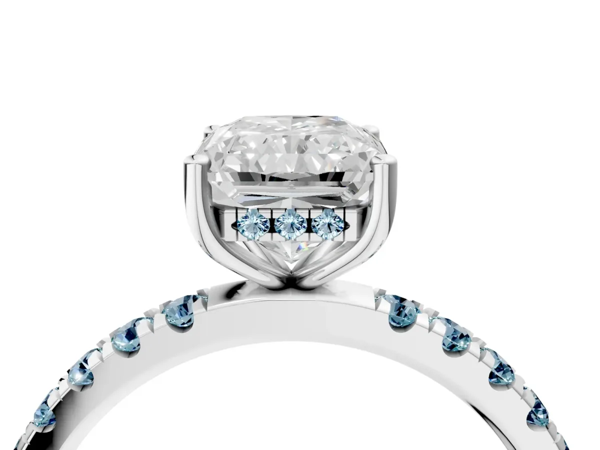 Radiant Cut Diamond Pave Band Solitaire Ring with Round Aquamarine and Prong Setting Silver