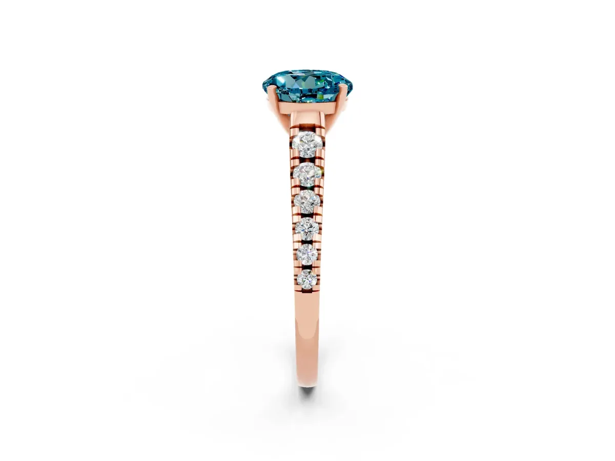 Round Cut Blue Topaz Cathedral Solitaire Ring with Round Pavé Band Rose gold